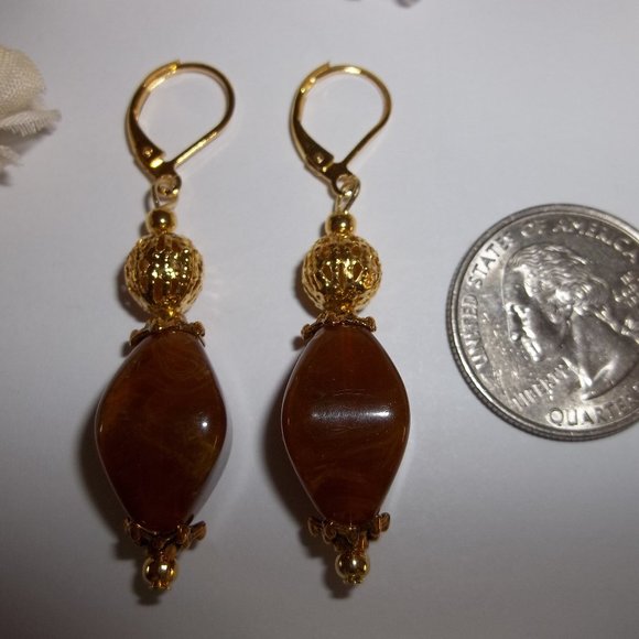 Brown Beaded Earring Set Handmade NWT Jewelry Dangle Drop Gold Toned Pair 4136 - Picture 2 of 7